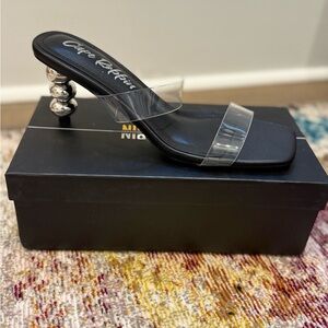 Cape Robbin Clear Strap Heels | Sculptural Metallic Heel | Trendy Statement Mule